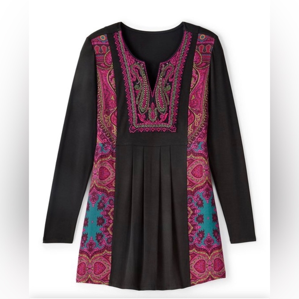 XL Soft Surroundings Black Tunic with Fuchsia & Turquoise Paisley Panels